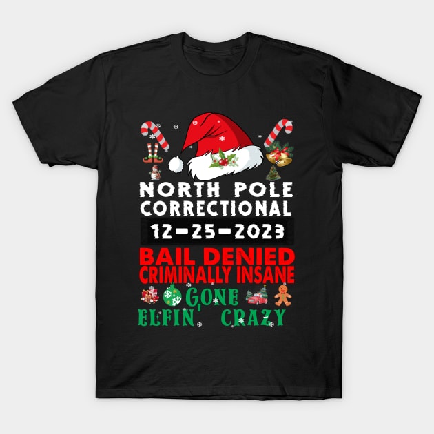 North Pole Correctional Bail Denied Criminally Insane Gone Elfin' Crazy T-Shirt by Spit in my face PODCAST